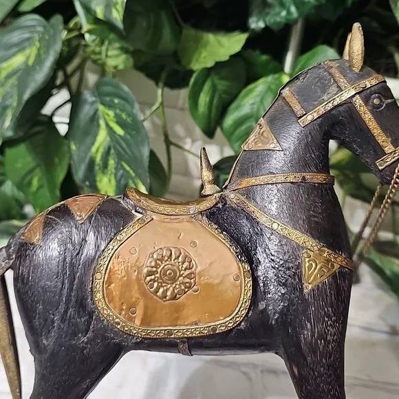 Vintage Carved Wooden Hammered Brass Rocking Horse Decor - Picture 9 of 12